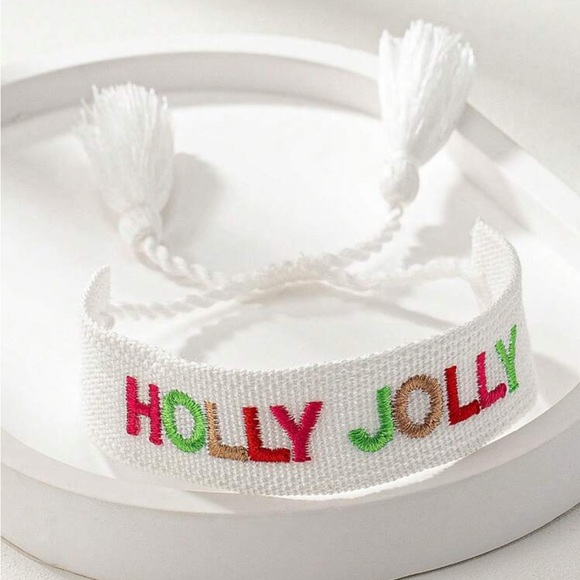 Holly Jolly Graphic Woven Embroidered Bracelet in White - Picture 1 of 3
